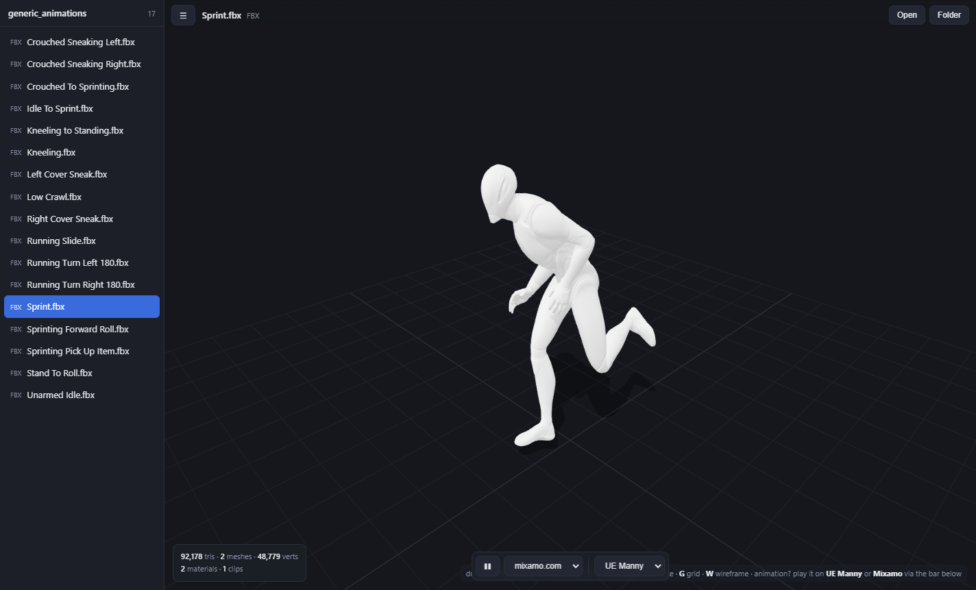 A Mixamo running animation retargeted onto the UE Manny character in AnyMesh