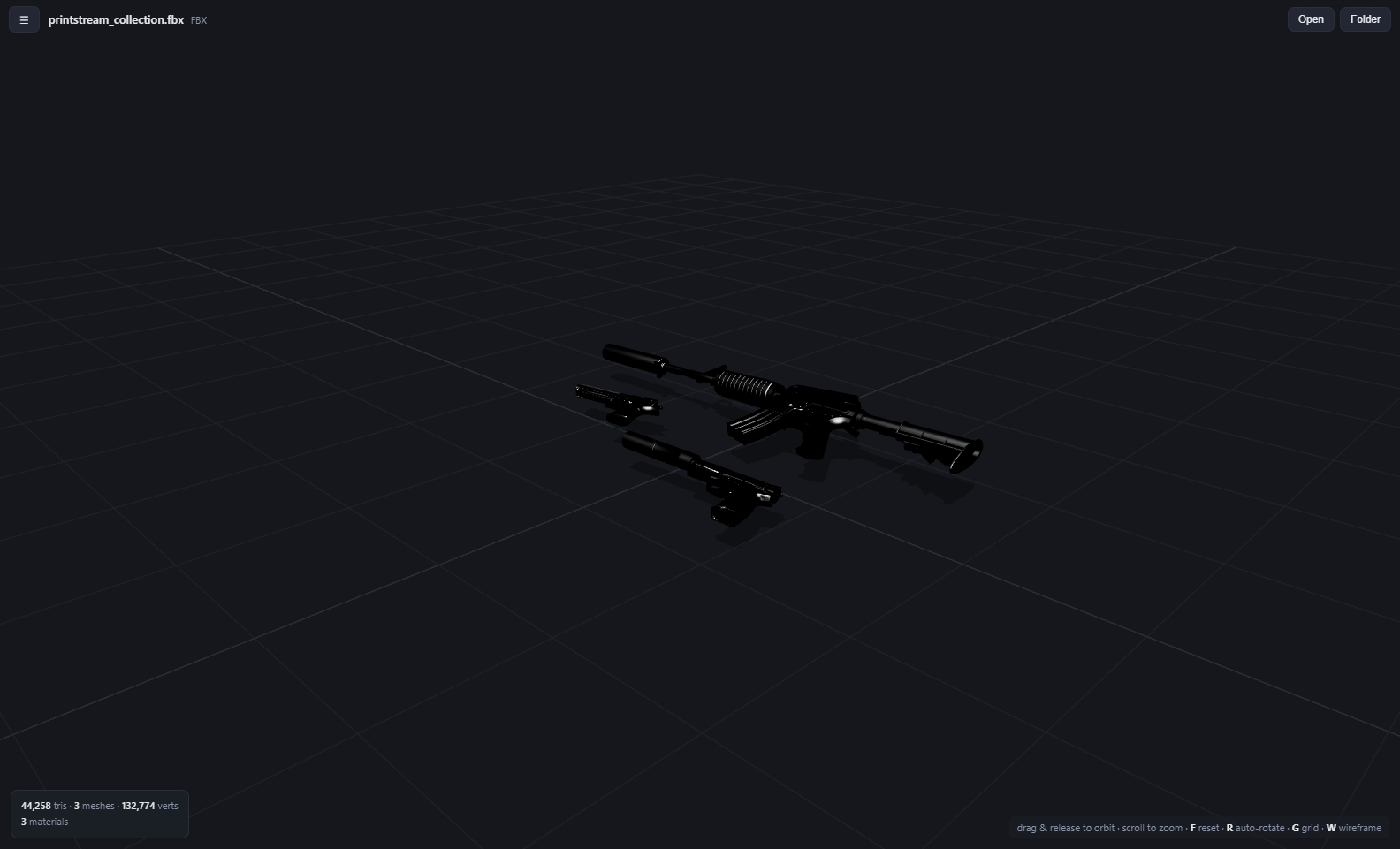 Game weapon collection viewed in AnyMesh